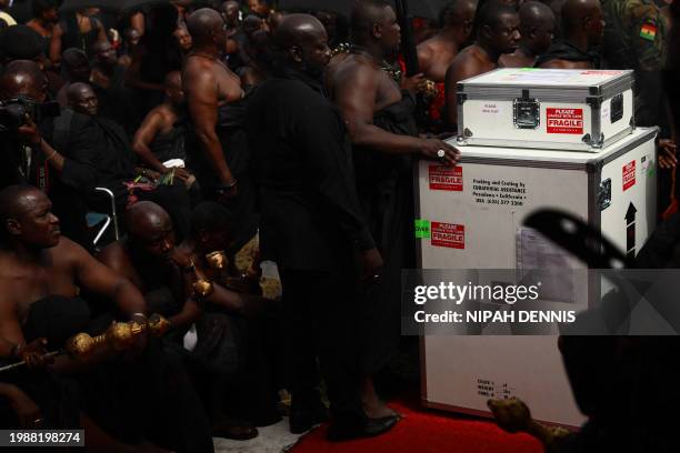 General view of a case containing artefacts returned by the Fowler Museum of UCLA , at the Manhyia Palace in Kumasi, Ghana, on February 8, 2024. A...