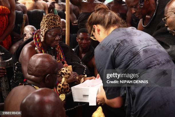 Otumfuo Osei Tutu II , Ghana's Asante king, receives artefacts returned by the Fowler Museum of UCLA to the Manhyia Palace in Kumasi, Ghana, on...