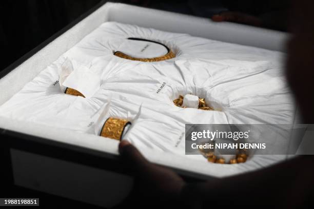 General view of artefacts returned by the Fowler Museum of UCLA at the Manhyia Palace in Kumasi, Ghana, on February 8, 2024. A California museum on...