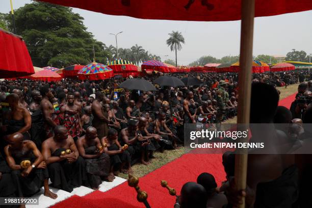 Subchiefs look on at the Manhyia Palace in Kumasi, Ghana, on February 8, 2024 during the permanent return of artefacts by the Fowler Museum of UCLA ....