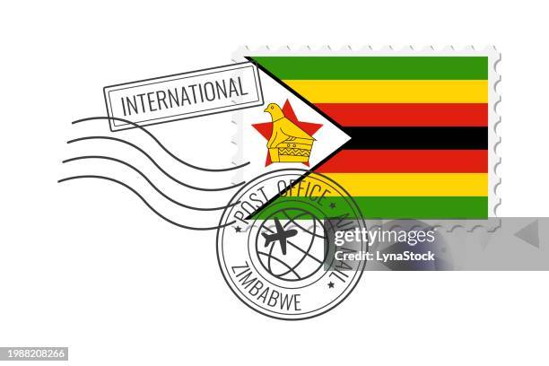 ilustrações, clipart, desenhos animados e ícones de zimbabwe postage stamp. postcard vector illustration with zimbabwe national flag isolated on white background. - bandeira de zimbabué