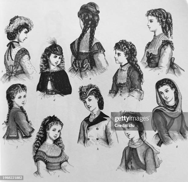 coiffures and suits for children from 1 to 12 years old, 1870 - 12 13 years girls stock illustrations