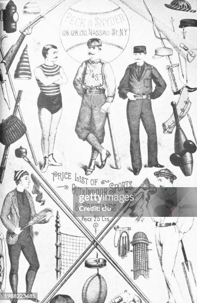 peck & snyder price list of out & indoor sports and pastimes - price list design stock illustrations