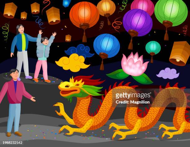 lantern festival, lantern serenity, a dragon's dance of light with family bliss - flying dad son stock illustrations