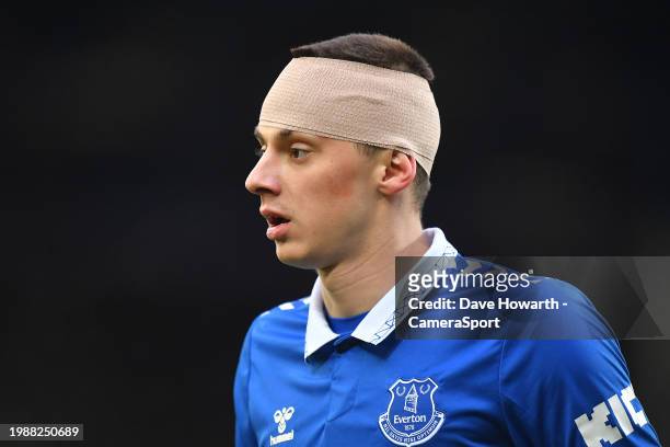 Everton's Vitaliy Mykolenko during the Premier League match between Everton FC and Aston Villa at Goodison Park on January 14, 2024 in Liverpool,...