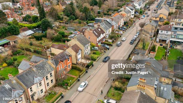 drone/aerial view of a residential street in cambridge, uk - cambridge uk aerial stock pictures, royalty-free photos & images