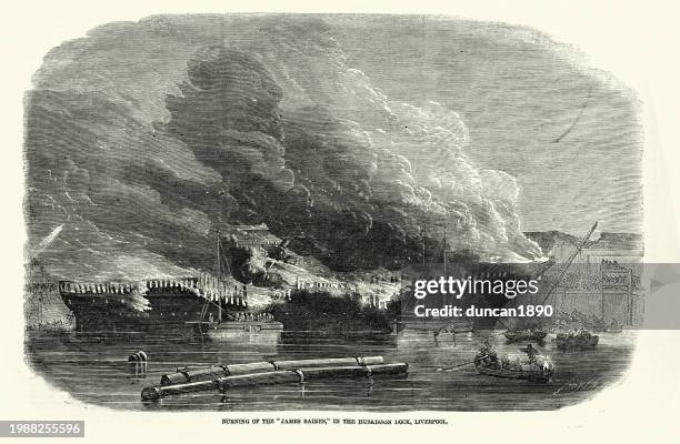 maritime history, sailing ship on fire, burning of the james baines, in the huskisson dock, liverpool on 22 april 1858, 1850s 19th century - ship on fire stock illustrations