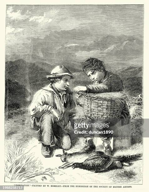 temptation, boys with a basket and game, pheasant and hare, 1850s 19th century - rabbit game meat stock illustrations