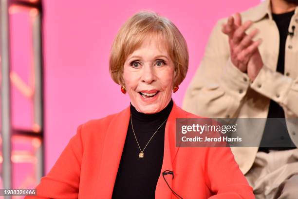 Carol Burnett speaks on stage at the Apple TV+ presentation of "Palm Royale" during the 2024 TCA Winter Press Tour at The Langham Huntington,...