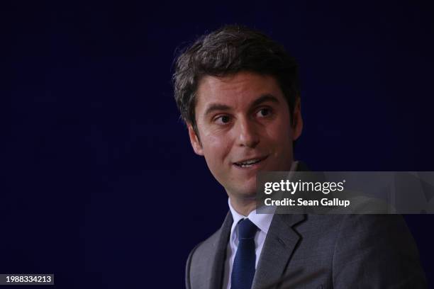 New French Prime Minister Gabriel Attal speaks to the media during talks with German Chancellor Olaf Scholz at the Chancellery on February 05, 2024...