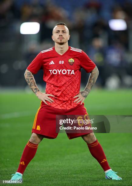 Angelino of AS Roma warms up prior to the Serie A TIM match between AS Roma and Cagliari - Serie A TIM at Stadio Olimpico on February 05, 2024 in...