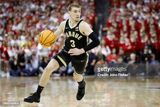 Braden Smith of the Purdue Boilermakers drives to the basket in the first half of the game against the Wisconsin Badgers at Kohl Center on February...