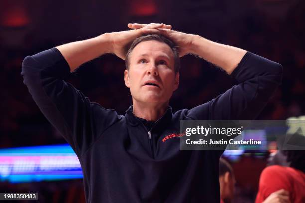 Head coach Fred Hoiberg of the Nebraska Cornhuskers reacts after a loss to the Illinois Fighting Illini in overtime at State Farm Center on February...