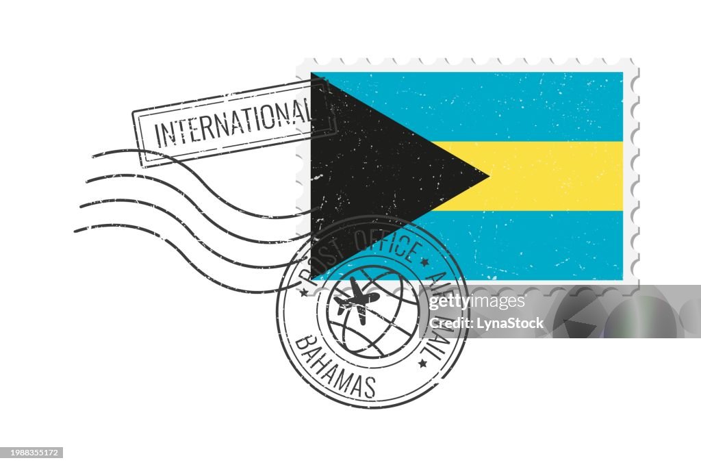 Bahamas grunge postage stamp. Vintage postcard vector illustration with Bahamian national flag isolated on white background. Retro style.