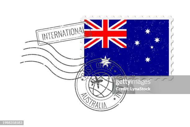 australien grunge briefmarke. weinlese-postkarten-vektorillustration mit australischer nationalflagge isoliert auf weißem hintergrund. retro-stil. - australische flagge stock-grafiken, -clipart, -cartoons und -symbole