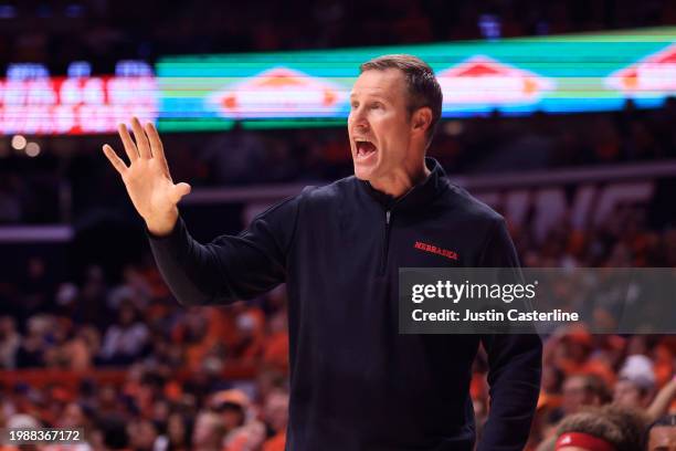 Head coach Fred Hoiberg of the Nebraska Cornhuskers directs his team in the game against the Illinois Fighting Illini at State Farm Center on...