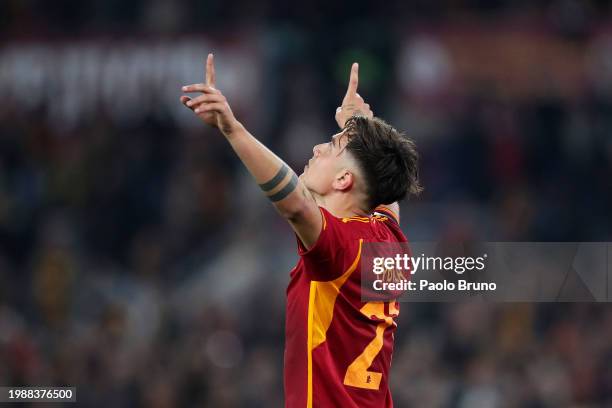 Paulo Dybala of AS Roma celebrates scoring his team's second goal during the Serie A TIM match between AS Roma and Cagliari - Serie A TIM at Stadio...