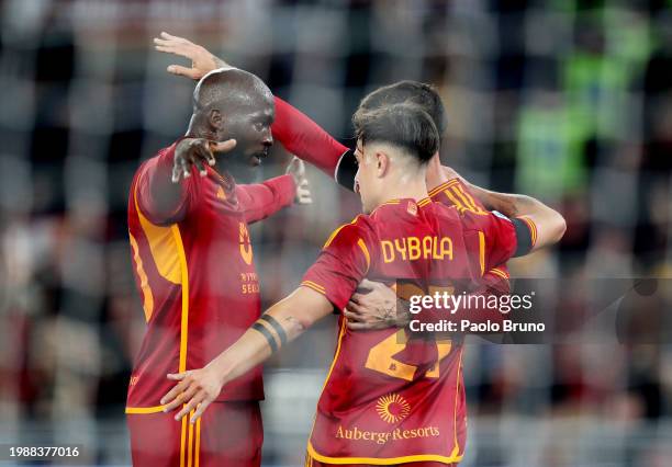 Paulo Dybala of AS Roma celebrates scoring his team's second goal with teammates during the Serie A TIM match between AS Roma and Cagliari - Serie A...