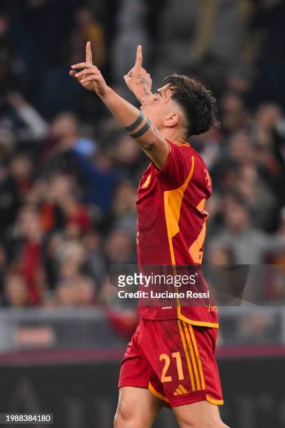 Roma player Paulo Dybala celebrates during the Serie A TIM match between AS Roma and Cagliari - Serie A TIM at Stadio Olimpico on February 05, 2024...