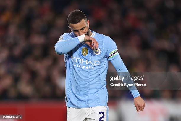 Kyle Walker of Manchester City looks on during the Premier League match between Brentford FC and Manchester City at Brentford Community Stadium on...