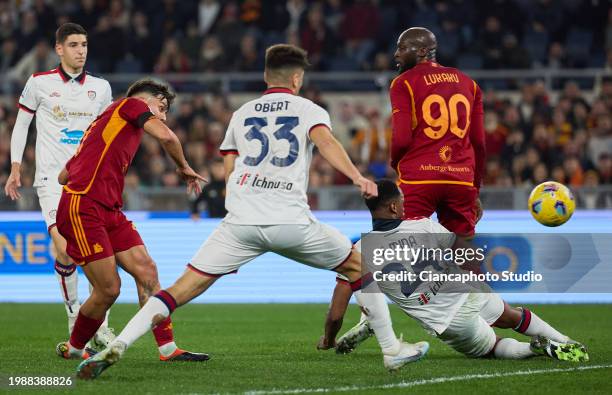 Paulo Dybala of AS Roma scores his team's second goal during the Serie A TIM match between AS Roma and Cagliari at Stadio Olimpico on February 05,...