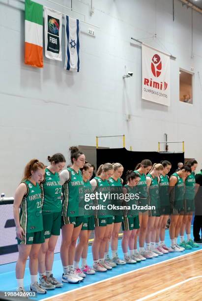 Riga , Latvia - 8 February 2024; The Ireland team stand by their bench as they stand for their national anthem before the FIBA Women's EuroBasket...