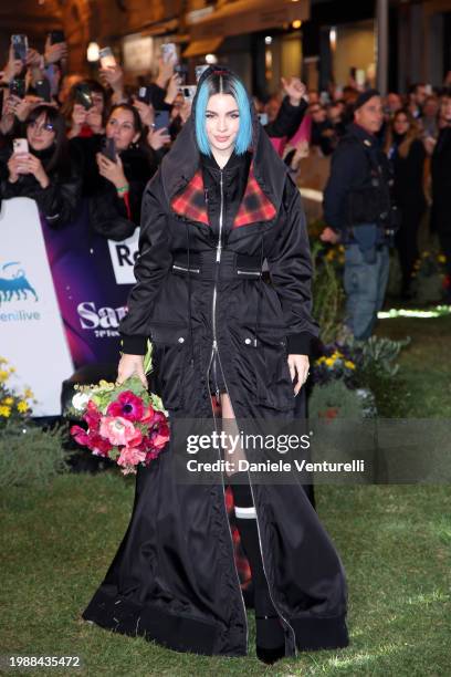 Rose Villain attends the green carpet during the 74th Sanremo Music Festival 2024 at Teatro Ariston on February 05, 2024 in Sanremo, Italy.