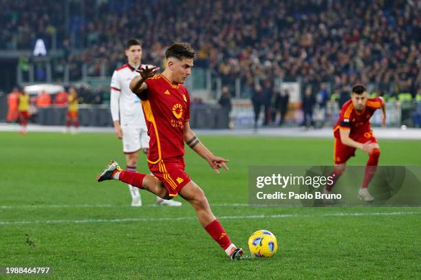 Paulo Dybala of AS Roma scores his team's third goal from a penalty kick during the Serie A TIM match between AS Roma and Cagliari - Serie A TIM at...