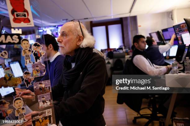 Trader Peter Tuchman works on the floor of the New York Stock Exchange during afternoon trading on February 05, 2024 in New York City. The stock...