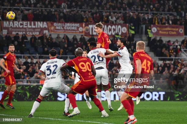 Roma player Dean Huijsen scores the fourth goal during the Serie A TIM match between AS Roma and Cagliari - Serie A TIM at Stadio Olimpico on...