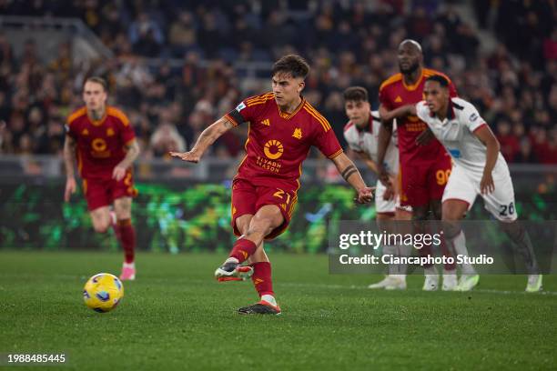 Paulo Dybala of AS Roma scores his team's third goal during the Serie A TIM match between AS Roma and Cagliari at Stadio Olimpico on February 05,...