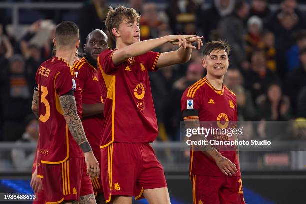 Dean Huijsen of AS Roma celebrates after scoring his team's fourth goal during the Serie A TIM match between AS Roma and Cagliari at Stadio Olimpico...