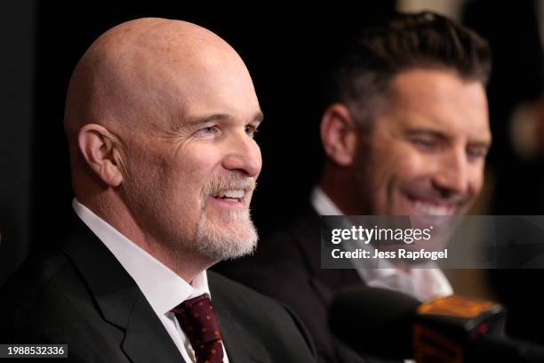 Head coach Dan Quinn of the Washington Commanders speaks during an introductory press conference alongside general manager Adam Peters at...