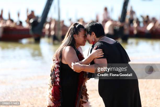 Kuia wait for waka on the beach to commemorate Waitangi Day on on February 06, 2024 in Waitangi, New Zealand. The Waitangi Day national holiday...
