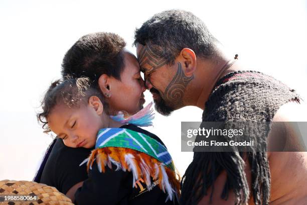 Hongi or greeting as waka arrive on the beach to commemorate Waitangi Day on February 06, 2024 in Waitangi, New Zealand. The Waitangi Day national...