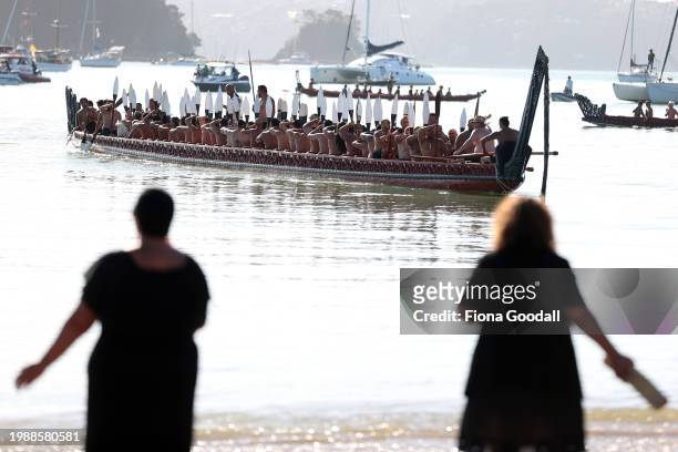 Kuia wait for waka on the beach to commemorate Waitangi Day on on February 06, 2024 in Waitangi, New Zealand. The Waitangi Day national holiday...