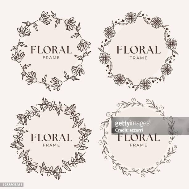 ilustrações de stock, clip art, desenhos animados e ícones de minimalistic floral frame templates - wedding emblem