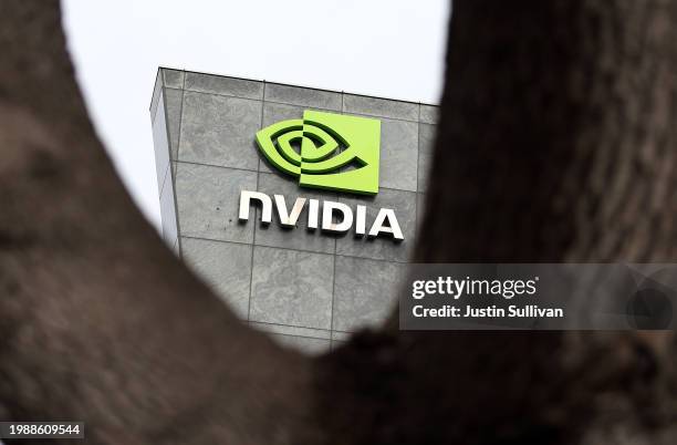 Sign is posted at Nvidia headquarters on February 05, 2024 in Santa Clara, California. Shares of Nvidia stock hit record highs on Monday after...