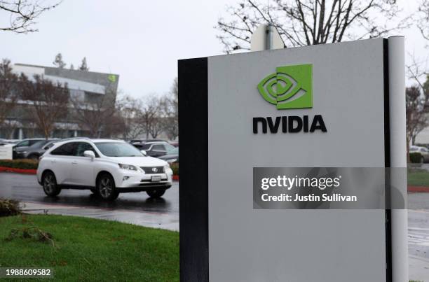 Sign is posted at Nvidia headquarters on February 05, 2024 in Santa Clara, California. Shares of Nvidia stock hit record highs on Monday after...