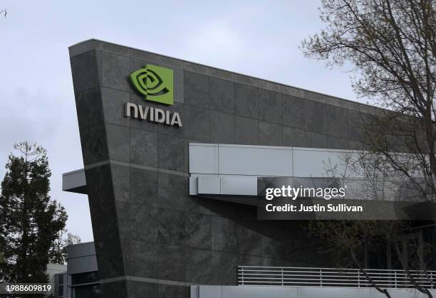 Sign is posted at Nvidia headquarters on February 05, 2024 in Santa Clara, California. Shares of Nvidia stock hit record highs on Monday after...