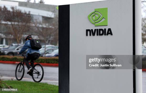 Sign is posted at Nvidia headquarters on February 05, 2024 in Santa Clara, California. Shares of Nvidia stock hit record highs on Monday after...