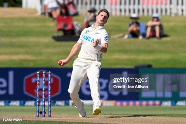 Matt Henry of New Zealand bowls during day three of the First Test in the series between New Zealand and South Africa at Bay Oval on February 06,...