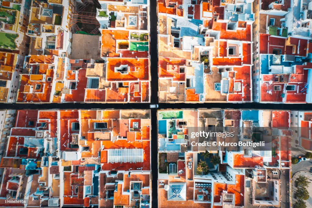 Aerial view of the colorful roofs in the old town of Cadiz, Spain