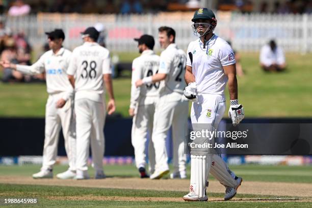 David Bedingham of South Africa walks off after being dismissed by Matt Henry during day three of the First Test in the series between New Zealand...