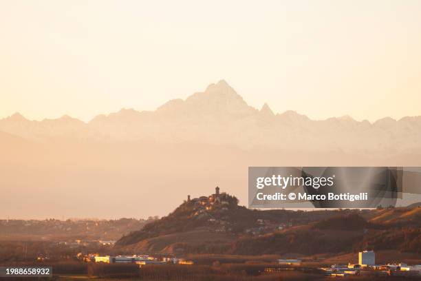 langhe wine region and mt monviso in the backdrop, piedmont, italy - food silhouette stock pictures, royalty-free photos & images