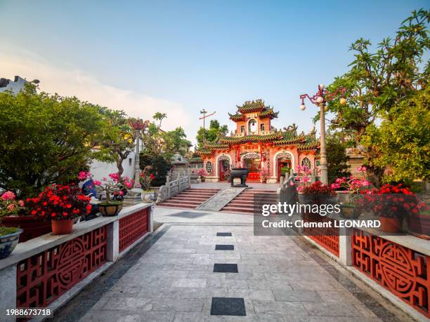 entrance hall and ornated main entrance gate of the phuc kien temple (assembly hall of the fujian chinese congregation - hoi quan phuc kien), old town of hoi an - unesco world heritage site - quang nam province - central vietnam. - hoi an stockfoto's en -beelden