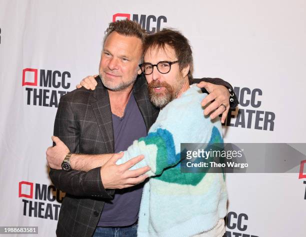 Norbert Leo Butz and Sam Rockwell attend "The Connector" Company Celebration at MCC Theater on February 05, 2024 in New York City.