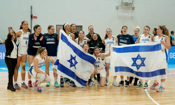 Riga , Latvia - 8 February 2024; The Israel team celebrate victory after the FIBA Women's EuroBasket Championship Qualifier match between Israel and...