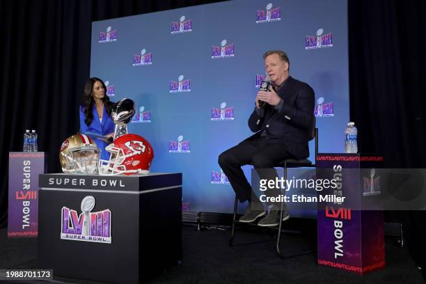Tracy Wolfson interviews NFL Commissioner Roger Goodell during a press conference ahead of Super Bowl LVIII at Allegiant Stadium on February 05, 2024...