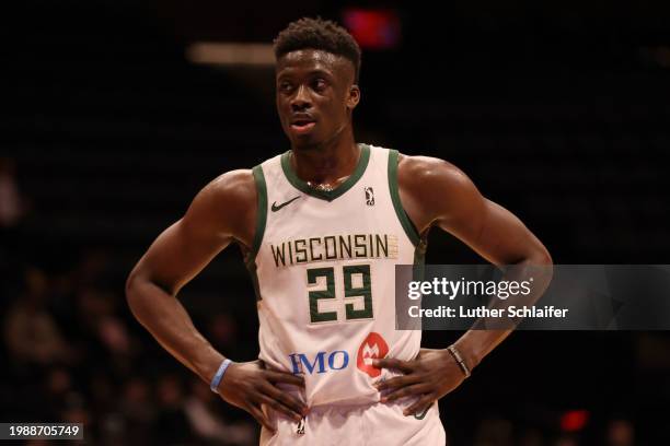 Alex Antetokounmpo of the Wisconsin Herd looks on during the game against the Long Island Nets on February 7, 2024 in Uniondale, NY. NOTE TO USER:...